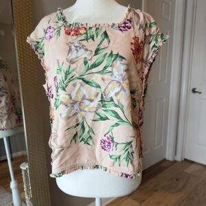 FOR CYNTHIA Floral Print Square Neck Ruffle Trim Casual Blouse Top Size S